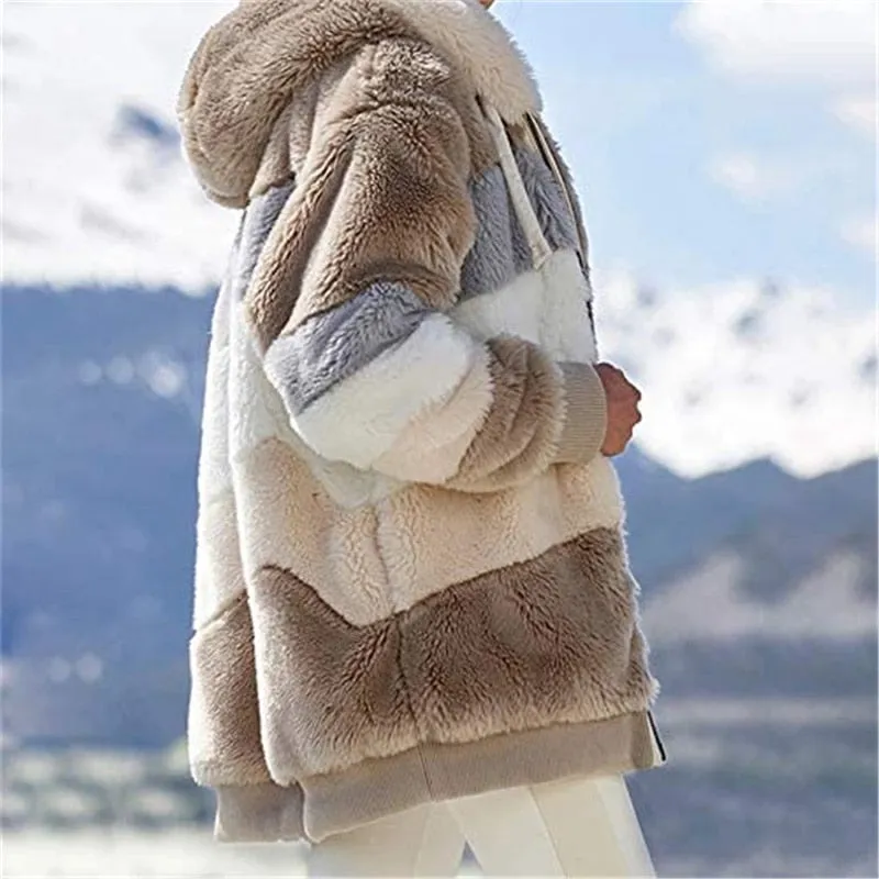 2022 Women Hooded Jackets Winter Fleece Warm Zipper Casual Patchwork Coats Fashion Loose Faux Fur Parka Drawstring Jackets Coats