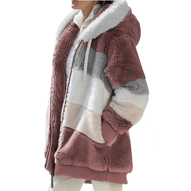 2022 Women Hooded Jackets Winter Fleece Warm Zipper Casual Patchwork Coats Fashion Loose Faux Fur Parka Drawstring Jackets Coats