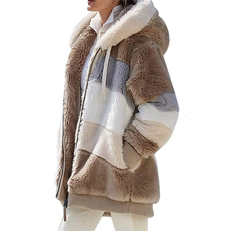 2022 Women Hooded Jackets Winter Fleece Warm Zipper Casual Patchwork Coats Fashion Loose Faux Fur Parka Drawstring Jackets Coats