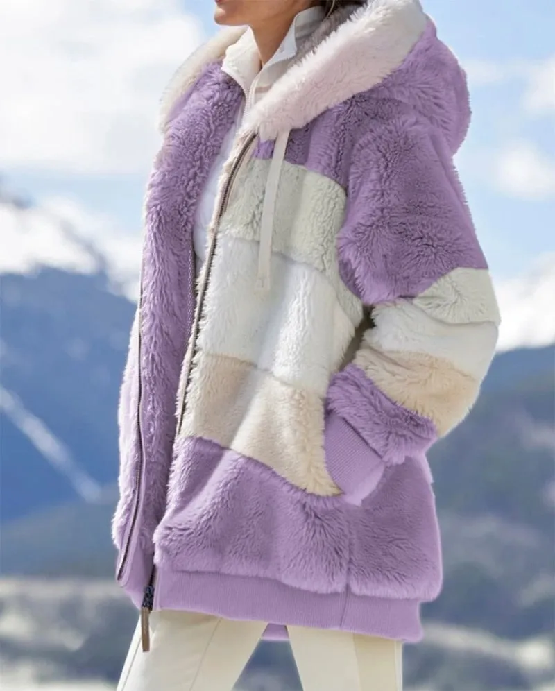 2022 Women Hooded Jackets Winter Fleece Warm Zipper Casual Patchwork Coats Fashion Loose Faux Fur Parka Drawstring Jackets Coats