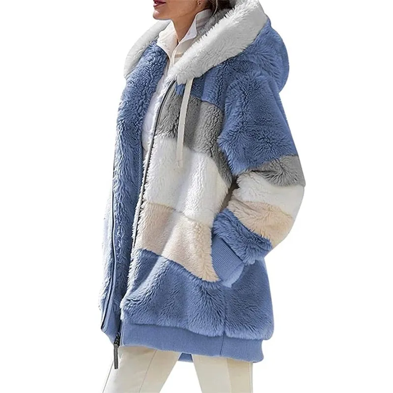 2022 Women Hooded Jackets Winter Fleece Warm Zipper Casual Patchwork Coats Fashion Loose Faux Fur Parka Drawstring Jackets Coats