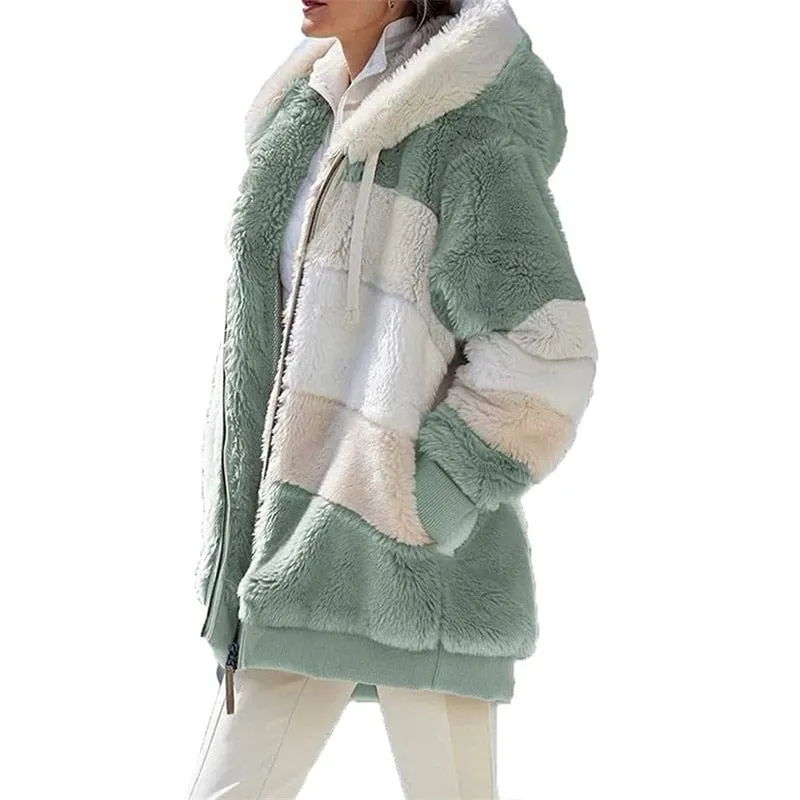 2022 Women Hooded Jackets Winter Fleece Warm Zipper Casual Patchwork Coats Fashion Loose Faux Fur Parka Drawstring Jackets Coats