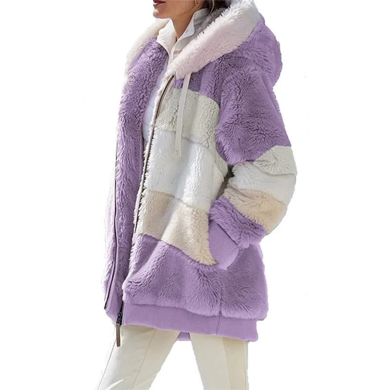 2022 Women Hooded Jackets Winter Fleece Warm Zipper Casual Patchwork Coats Fashion Loose Faux Fur Parka Drawstring Jackets Coats