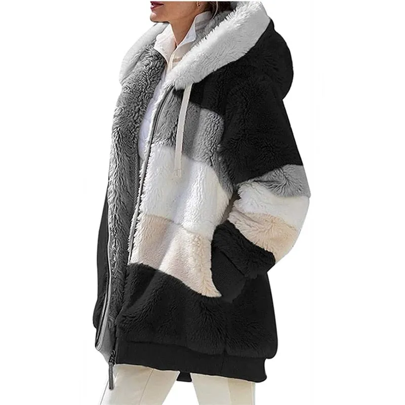 2022 Women Hooded Jackets Winter Fleece Warm Zipper Casual Patchwork Coats Fashion Loose Faux Fur Parka Drawstring Jackets Coats