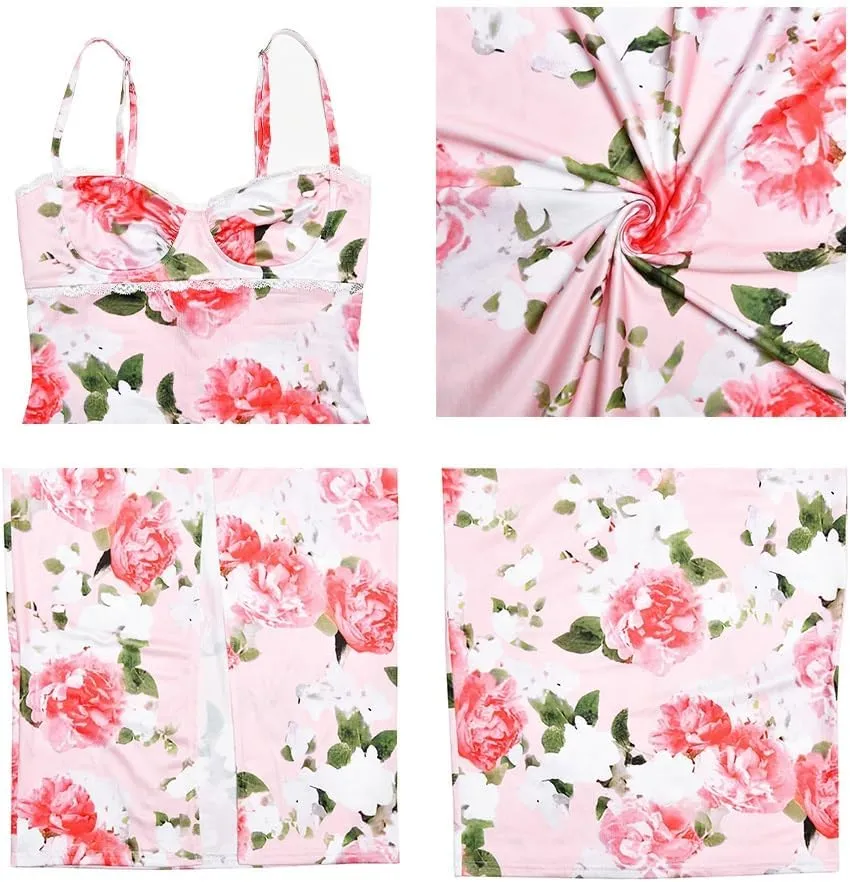 2024 Spring New Sexy Temperament Suspender Print Backless V-Neck Slit Dress Long Skirt (Color : Pink, Size : Medium)