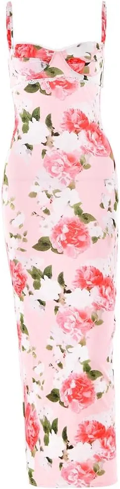 2024 Spring New Sexy Temperament Suspender Print Backless V-Neck Slit Dress Long Skirt (Color : Pink, Size : Medium)
