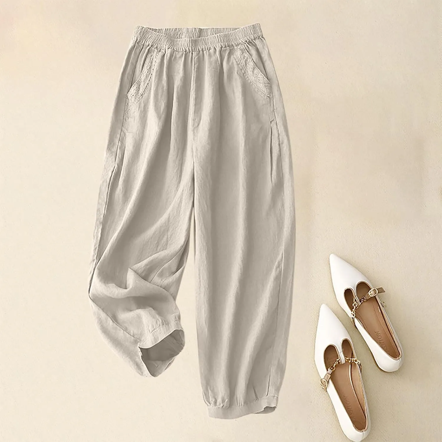 2025 Trendy Summer High Waisted Cotton Linen Pants for Women Casual Loose Solid Color Beach Wide Leg Long Trousers