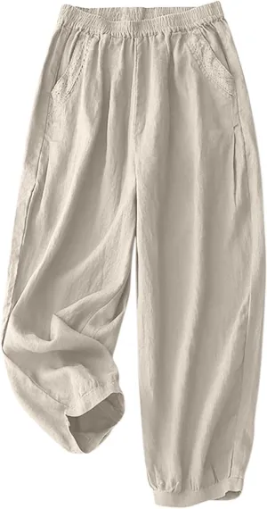 2025 Trendy Summer High Waisted Cotton Linen Pants for Women Casual Loose Solid Color Beach Wide Leg Long Trousers