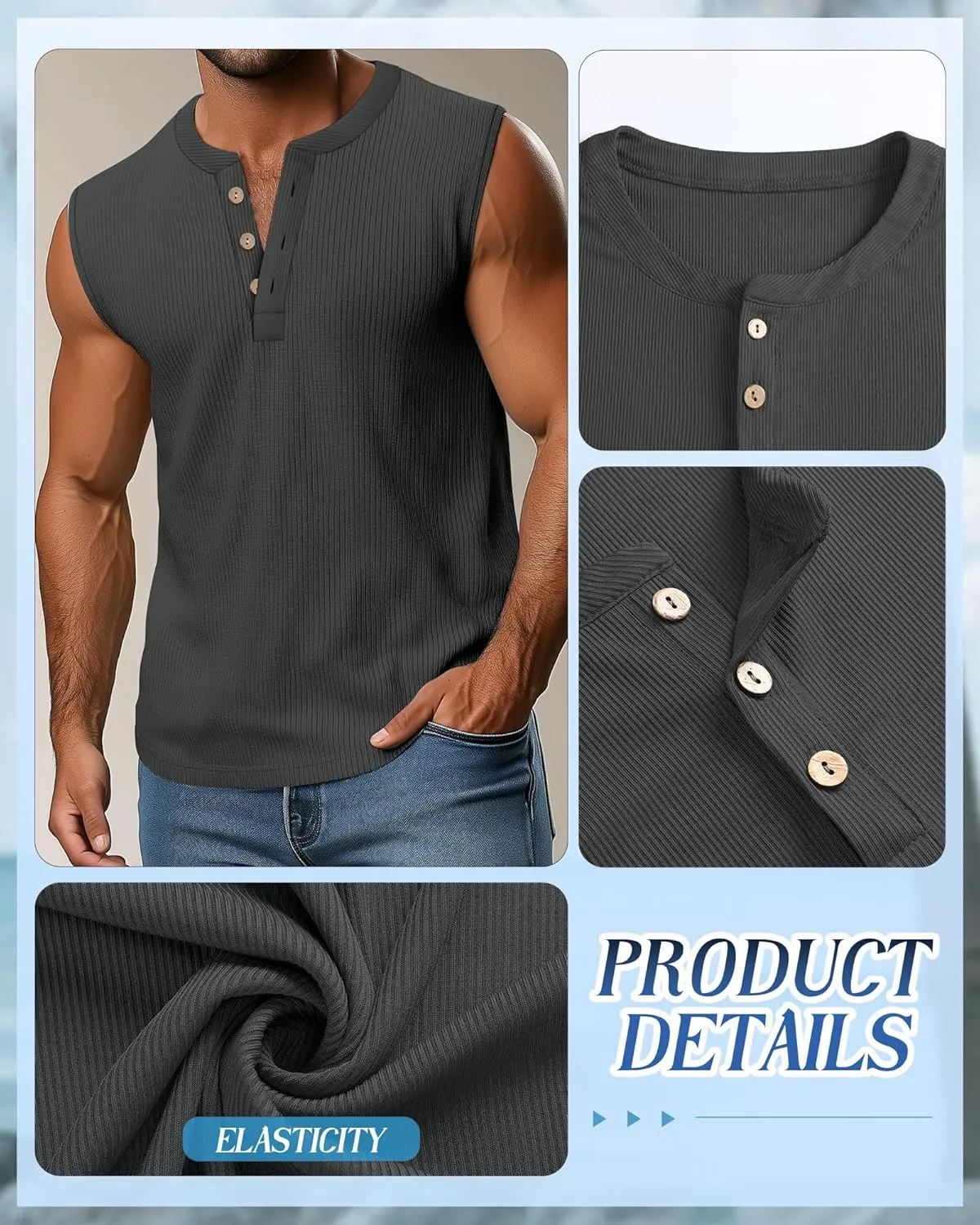 3 Pcs Men's Big and Tall Tank Top Ribbed Plus Size Sleeveless Henley Shirt Crewneck T Shirt 1X-5X