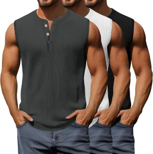 3 Pcs Men's Big and Tall Tank Top Ribbed Plus Size Sleeveless Henley Shirt Crewneck T Shirt 1X-5X