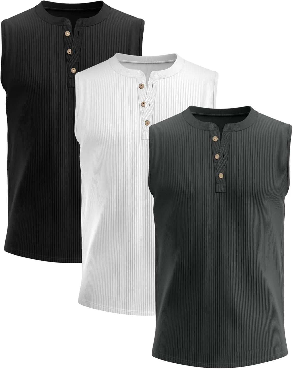 3 Pcs Men's Big and Tall Tank Top Ribbed Plus Size Sleeveless Henley Shirt Crewneck T Shirt 1X-5X