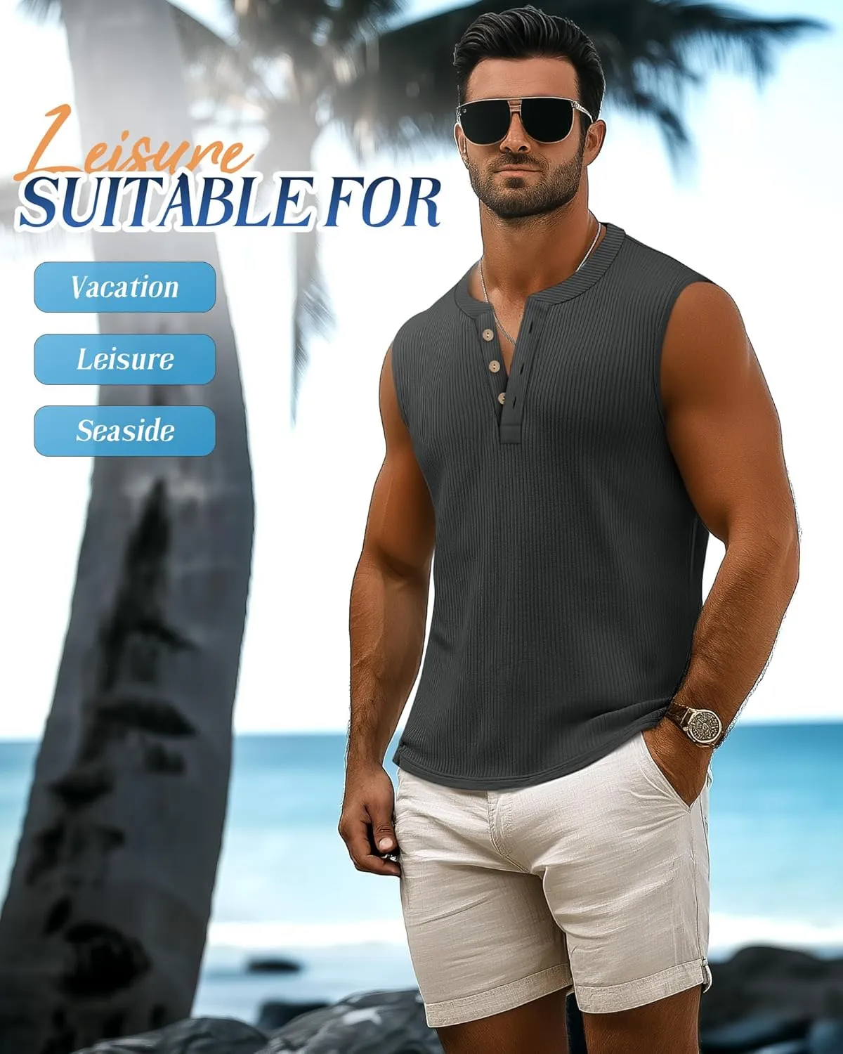 3 Pcs Men's Big and Tall Tank Top Ribbed Plus Size Sleeveless Henley Shirt Crewneck T Shirt 1X-5X