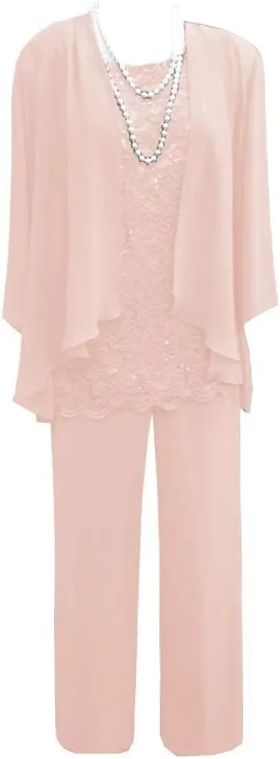 3 Piece Mother of The Bride Dress Pant Suit with Jacket Long Chiffon Formal Dresses for Women Wedding Guest