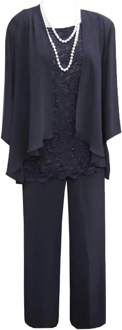 3 Piece Mother of The Bride Dress Pant Suit with Jacket Long Chiffon Formal Dresses for Women Wedding Guest