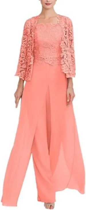 3 Pieces Mother of The Bride Pant Suits for Wedding Lace Chiffon Wedding Guest Outfit for Women