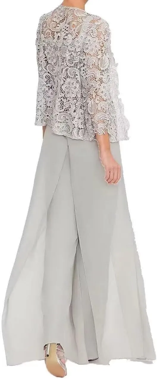 3 Pieces Mother of The Bride Pant Suits for Wedding Lace Chiffon Wedding Guest Outfit for Women