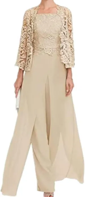 3 Pieces Mother of The Bride Pant Suits for Wedding Lace Chiffon Wedding Guest Outfit for Women