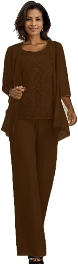 3 Pieces Mother of The Bride Pantsuits for Wedding Lace Chiffon Cocktail Pant Suits for Weddings with Jacket