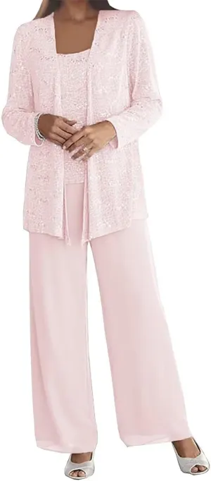 3Pcs Mother of The Bride Dress Pantsuit for Wedding Long Sleeve Lace Formal Outfit with Jacket