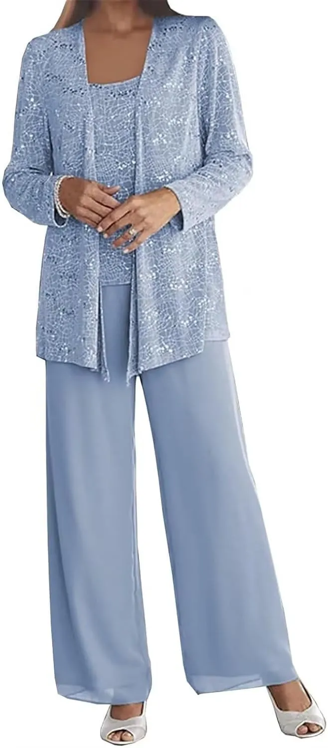 3Pcs Mother of The Bride Dress Pantsuit for Wedding Long Sleeve Lace Formal Outfit with Jacket
