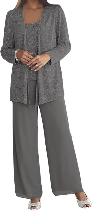 3Pcs Mother of The Bride Dress Pantsuit for Wedding Long Sleeve Lace Formal Outfit with Jacket