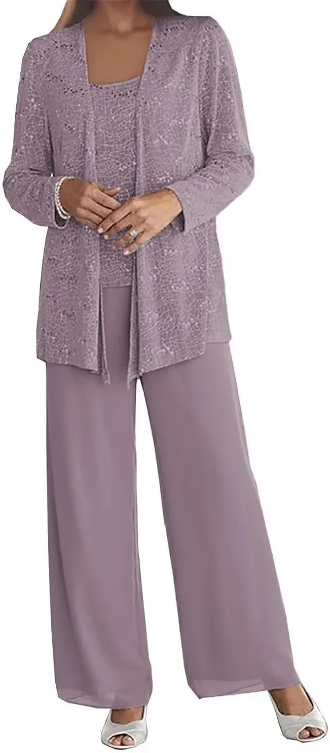 3Pcs Mother of The Bride Dress Pantsuit for Wedding Long Sleeve Lace Formal Outfit with Jacket