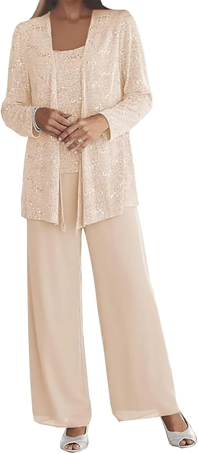 3Pcs Mother of The Bride Dress Pantsuit for Wedding Long Sleeve Lace Formal Outfit with Jacket