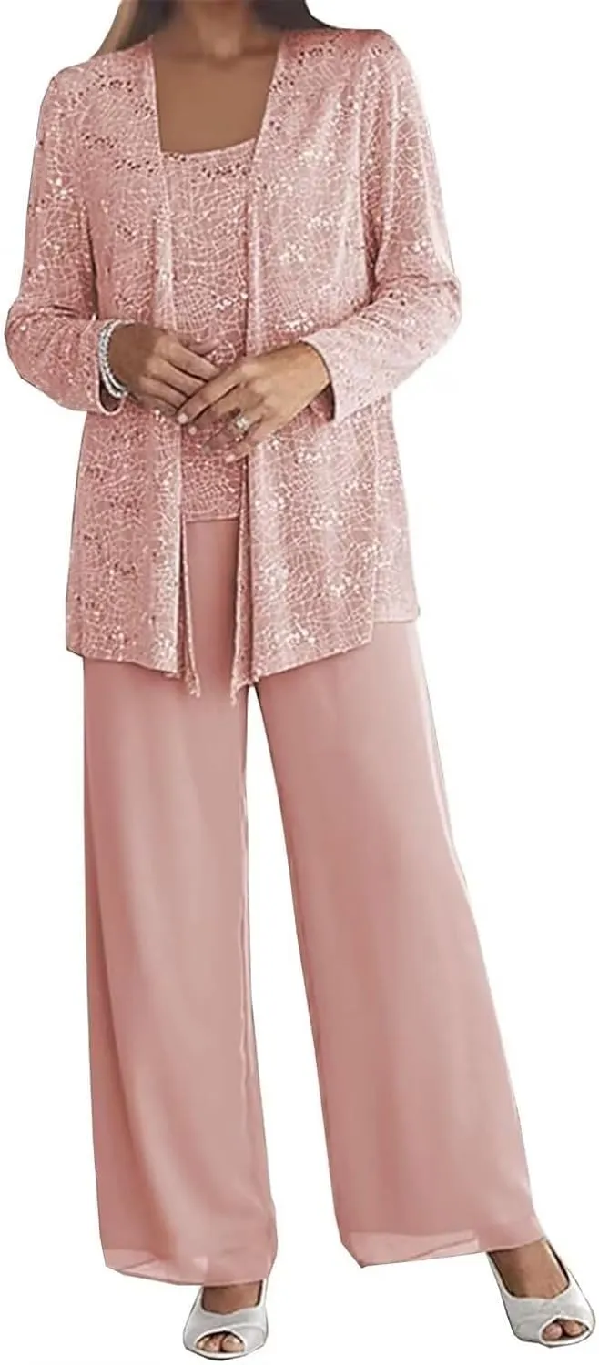 3Pcs Mother of The Bride Dress Pantsuit for Wedding Long Sleeve Lace Formal Outfit with Jacket