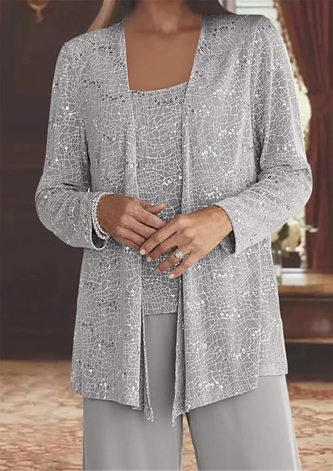 3Pcs Mother of The Bride Dress Pantsuit for Wedding Long Sleeve Lace Formal Outfit with Jacket