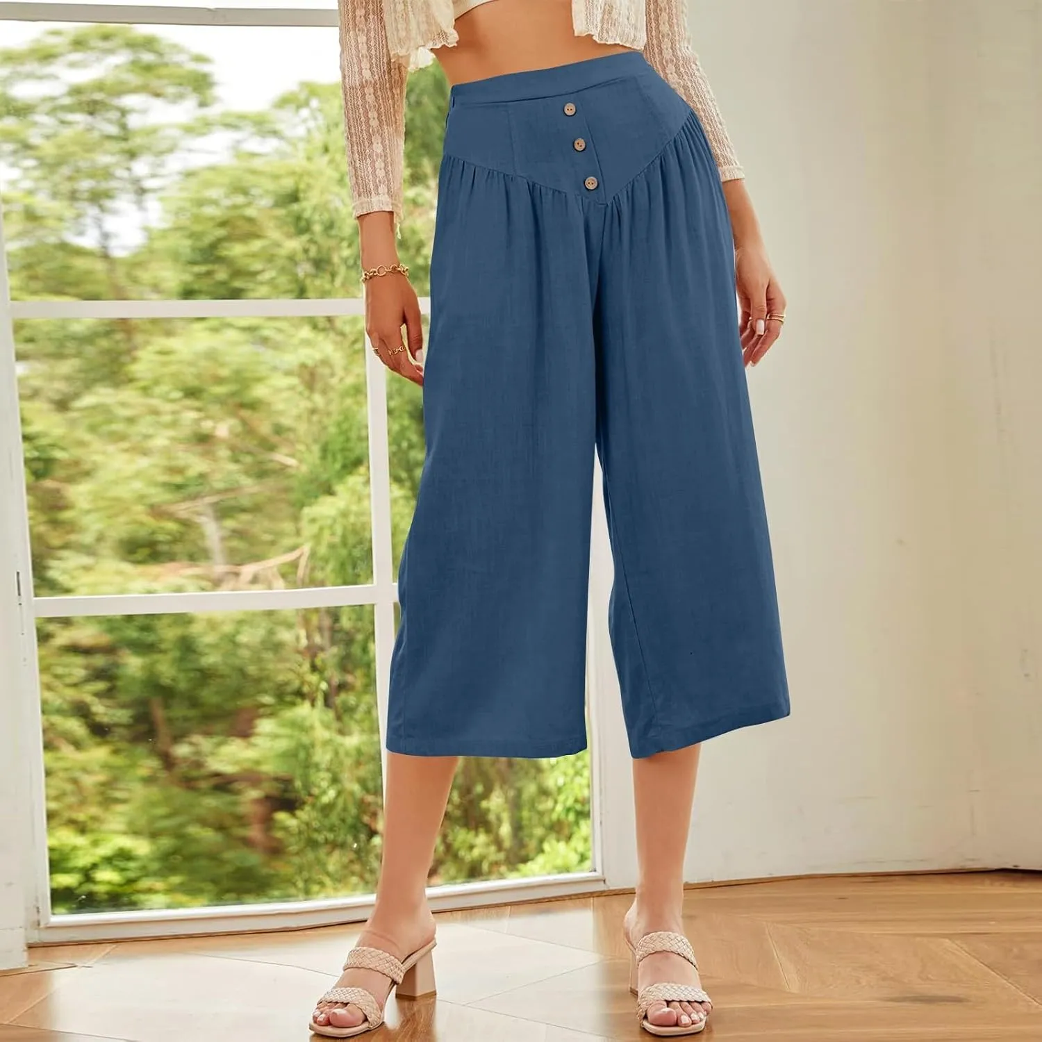 ADHOWBEW Wide Leg Linen Pants for Women Summer 2025 Cover Ups Work Slacks Flowy Palazzo Plus Size Dressy Lounge Trousers