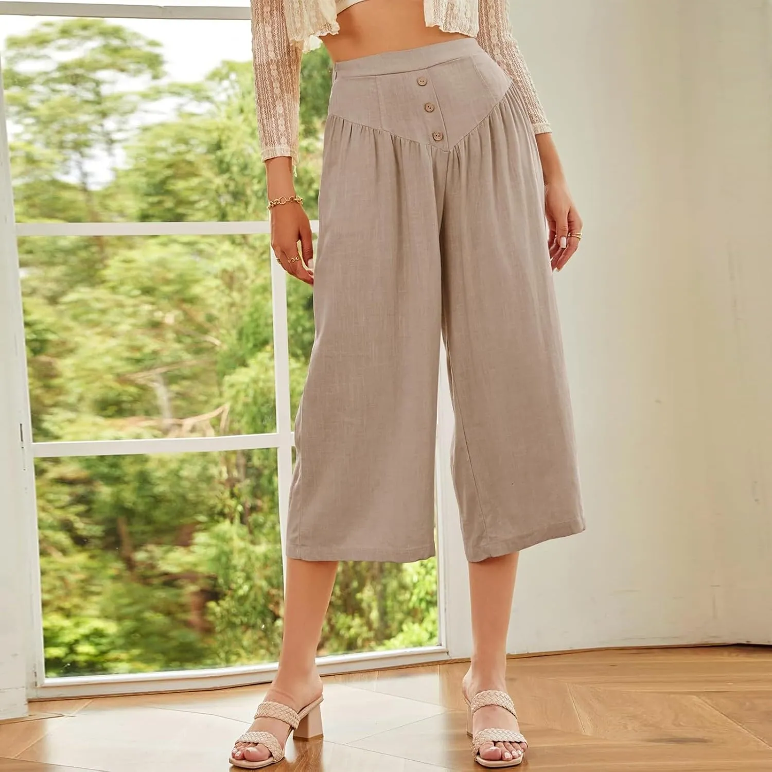 ADHOWBEW Wide Leg Linen Pants for Women Summer 2025 Cover Ups Work Slacks Flowy Palazzo Plus Size Dressy Lounge Trousers