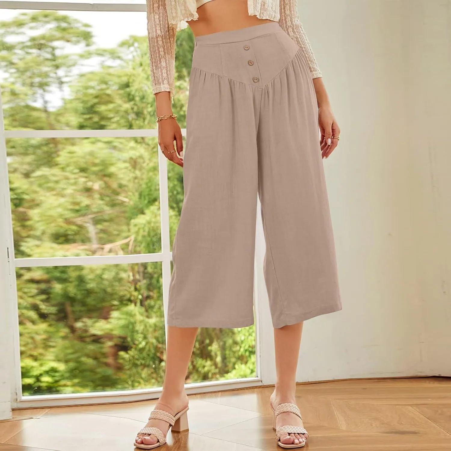 ADHOWBEW Wide Leg Linen Pants for Women Summer 2025 Cover Ups Work Slacks Flowy Palazzo Plus Size Dressy Lounge Trousers