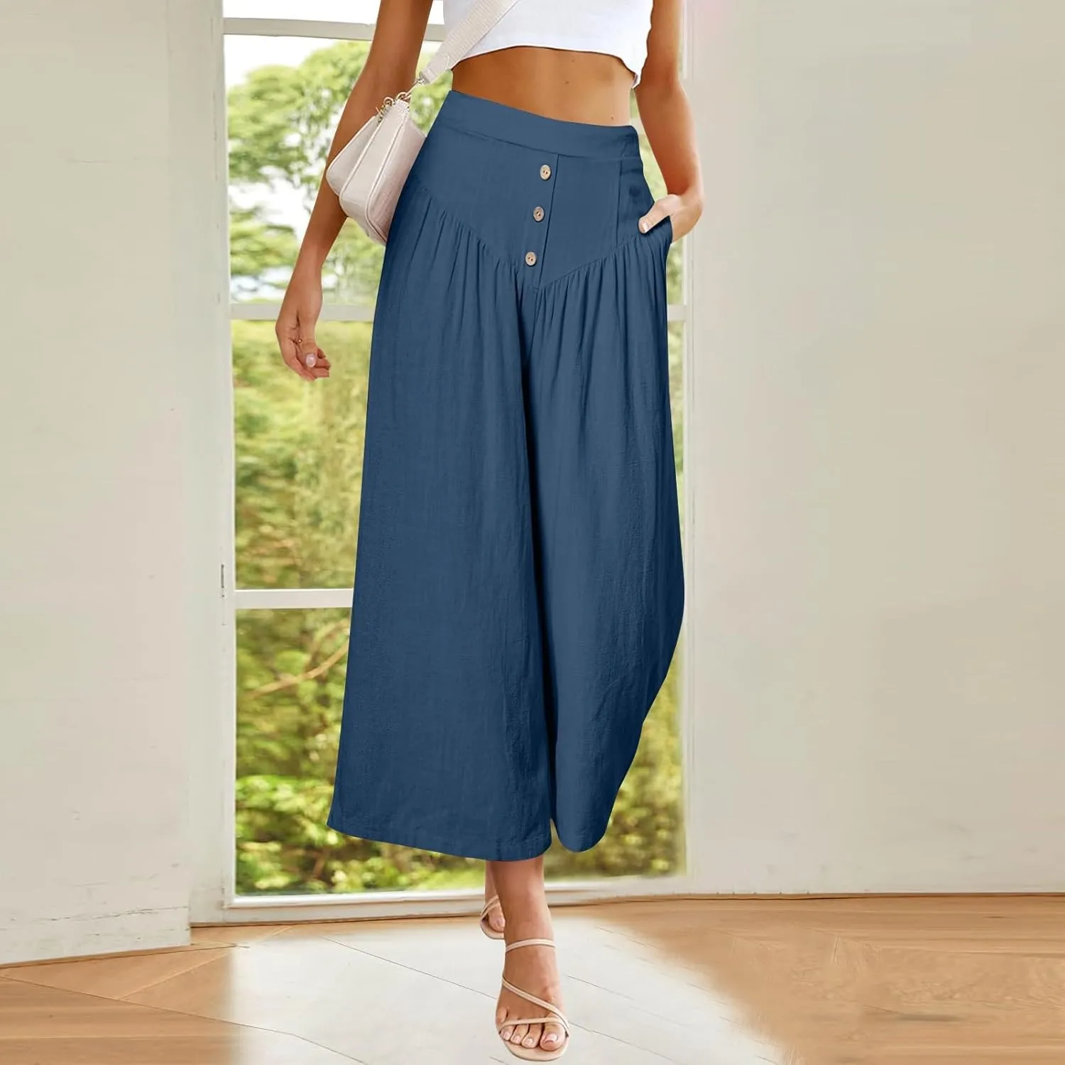 ADHOWBEW Wide Leg Linen Pants for Women Summer 2025 Cover Ups Work Slacks Flowy Palazzo Plus Size Dressy Lounge Trousers