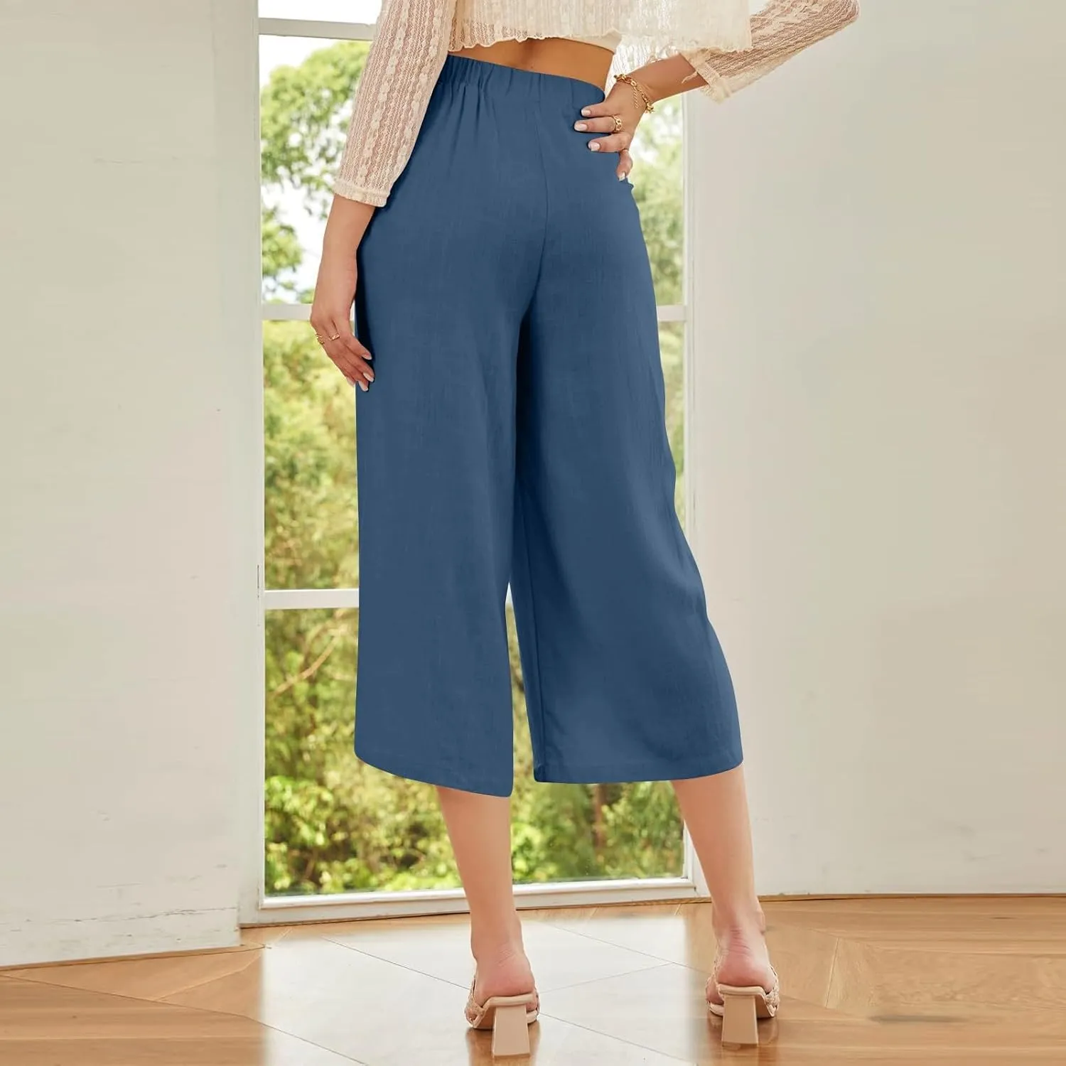 ADHOWBEW Wide Leg Linen Pants for Women Summer 2025 Cover Ups Work Slacks Flowy Palazzo Plus Size Dressy Lounge Trousers