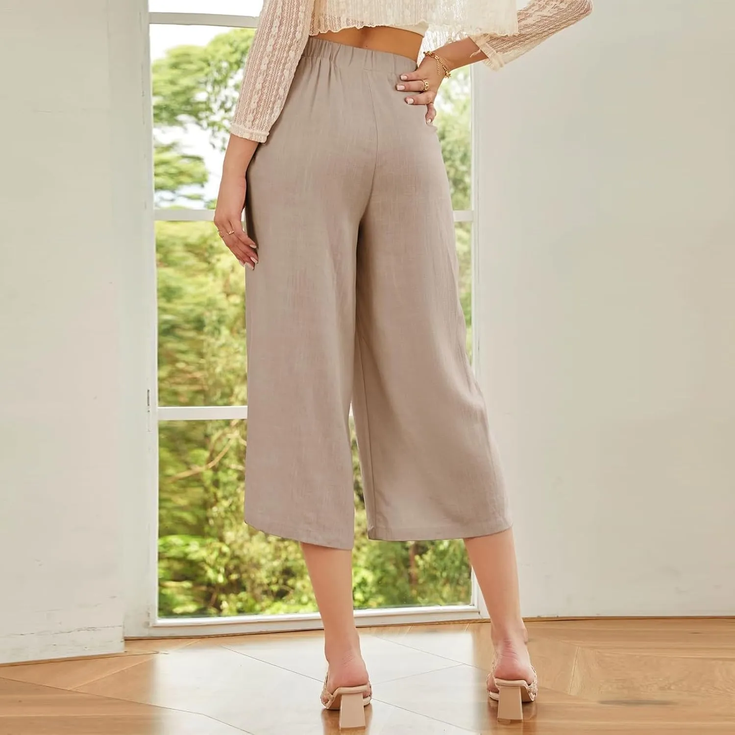 ADHOWBEW Wide Leg Linen Pants for Women Summer 2025 Cover Ups Work Slacks Flowy Palazzo Plus Size Dressy Lounge Trousers