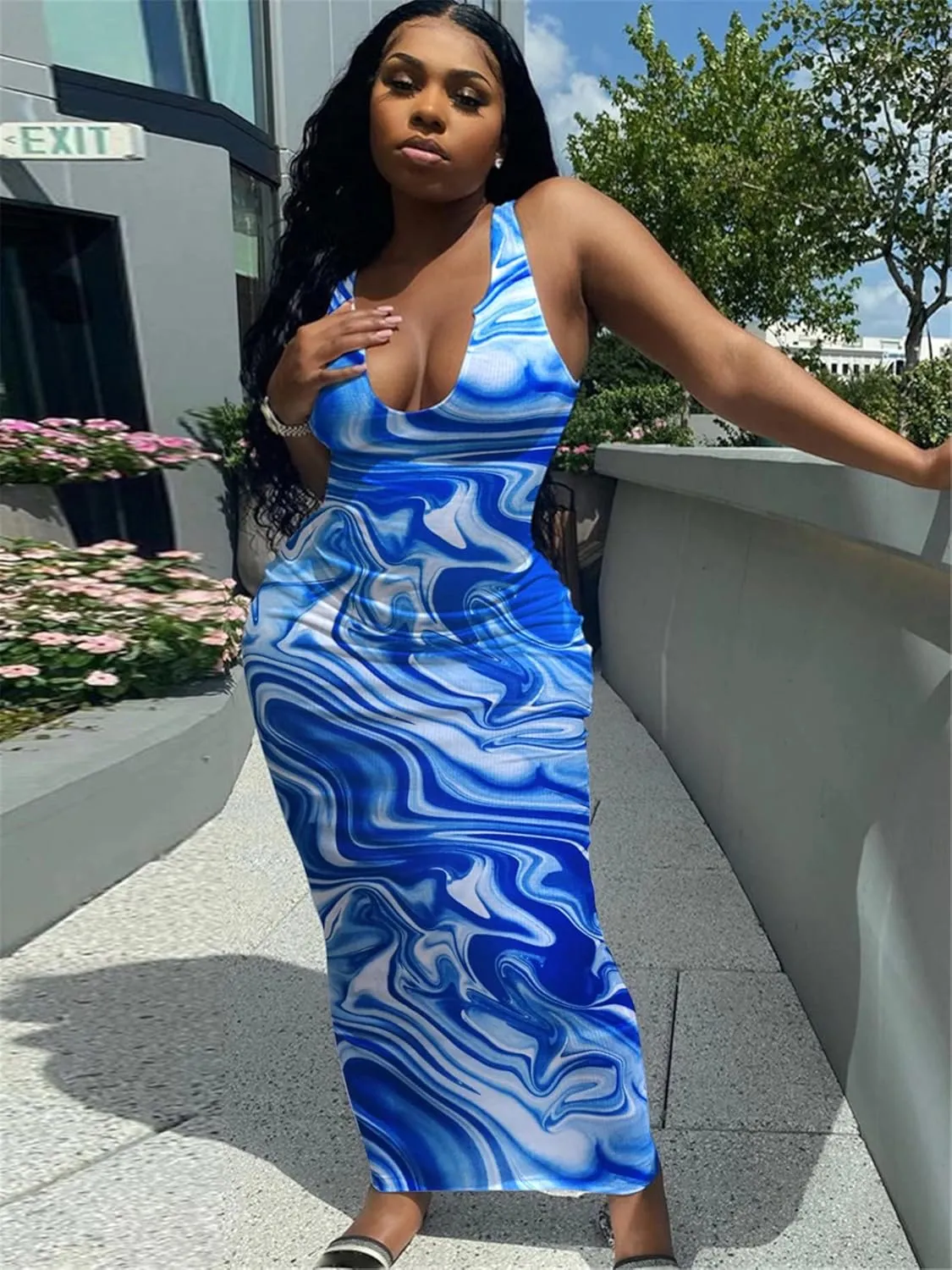 Adogirl Women's Sexy Summer Casual Slit Scoop Neck Ottoman Rib Club Beach Basic Long Bodycon Maxi Tank Dress Sun Dresses