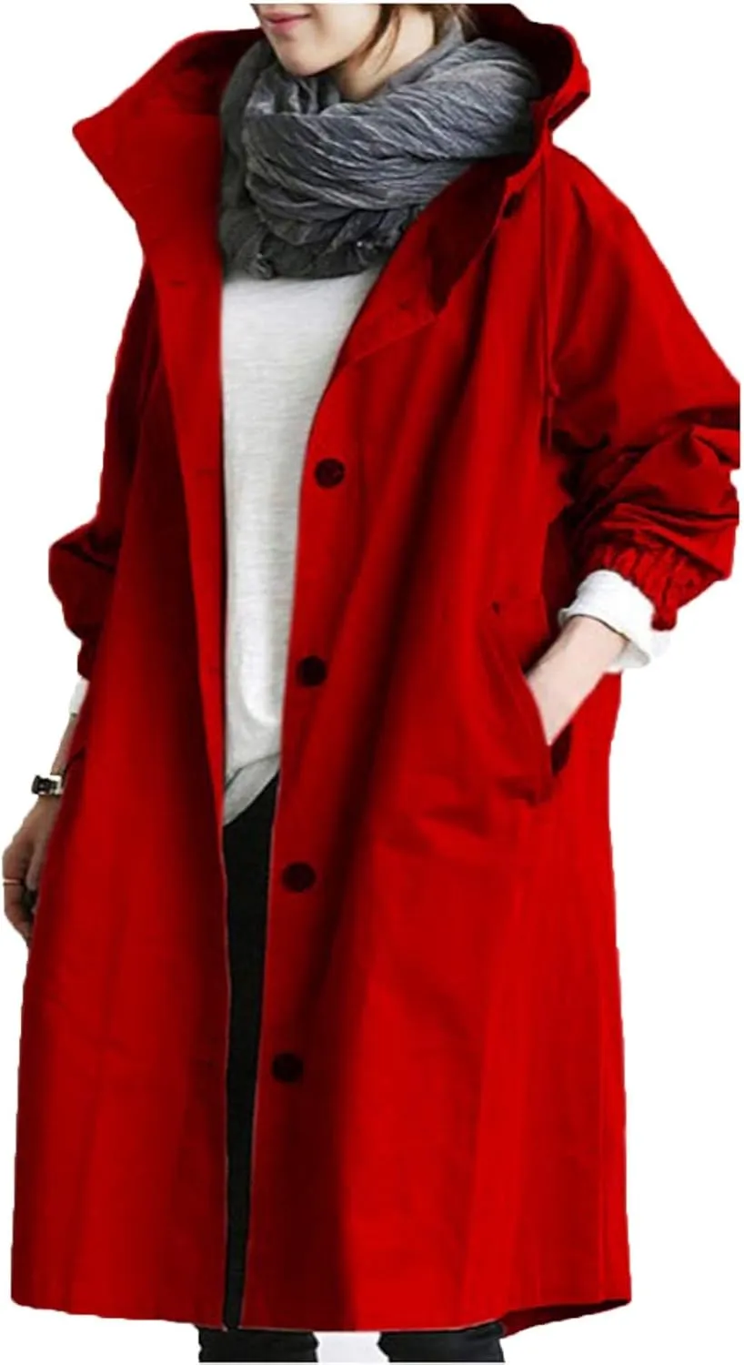 aihihe Women's Lightweight Hooded Trench Coat Outdoor Long Jacket Plus Size Button Up Windbreaker Outerwear with Pockets