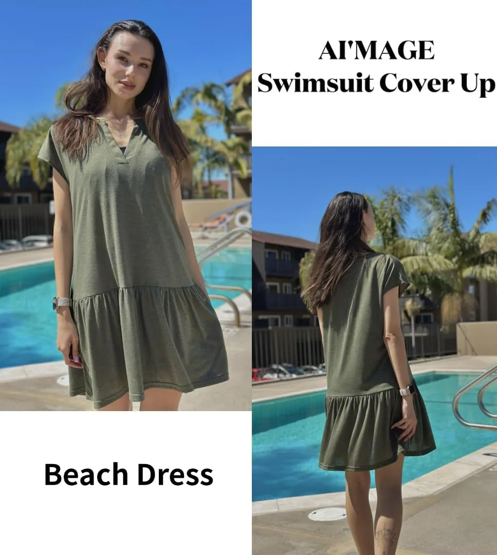 AI'MAGE Womens Swimsuit Coverups Bikini Beach Swimwear Cover Up V Neck Bathing Suit Cover Up Dress A-line Beach Dress