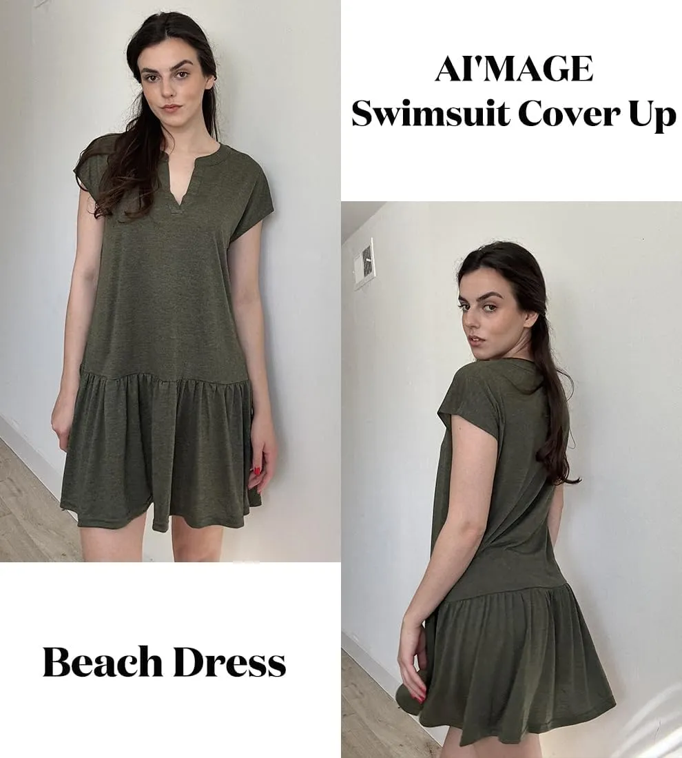 AI'MAGE Womens Swimsuit Coverups Bikini Beach Swimwear Cover Up V Neck Bathing Suit Cover Up Dress A-line Beach Dress