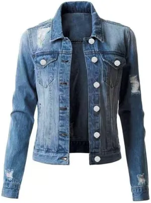 Akivide Ripped Jean Jacket for Women Button Down Long Sleeve Distressed Denim Trucker Jacket with Pockets