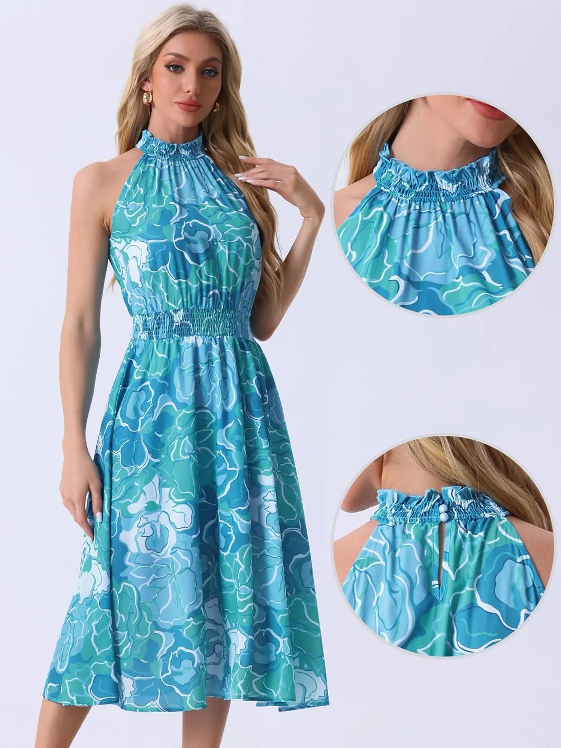 Allegra K Boho Summer Dress for Women's Halter Neck Sleeveless Casual Floral Print Sundress Midi Dresses
