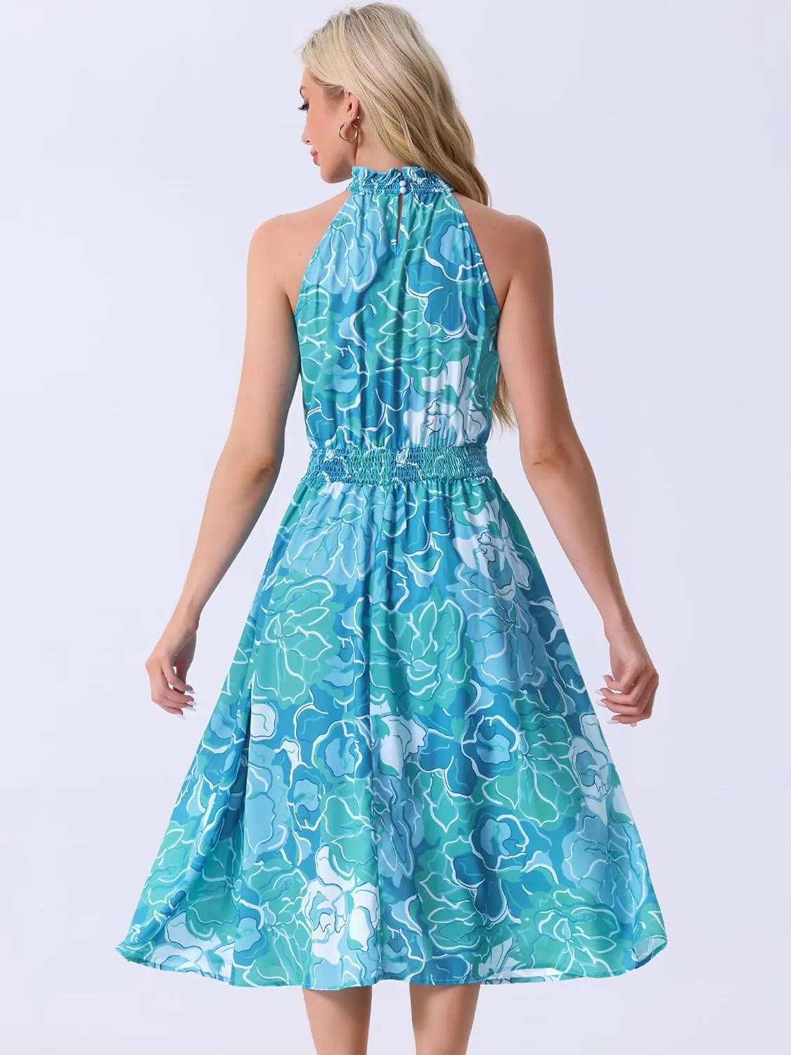 Allegra K Boho Summer Dress for Women's Halter Neck Sleeveless Casual Floral Print Sundress Midi Dresses