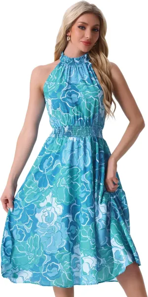 Allegra K Boho Summer Dress for Women's Halter Neck Sleeveless Casual Floral Print Sundress Midi Dresses