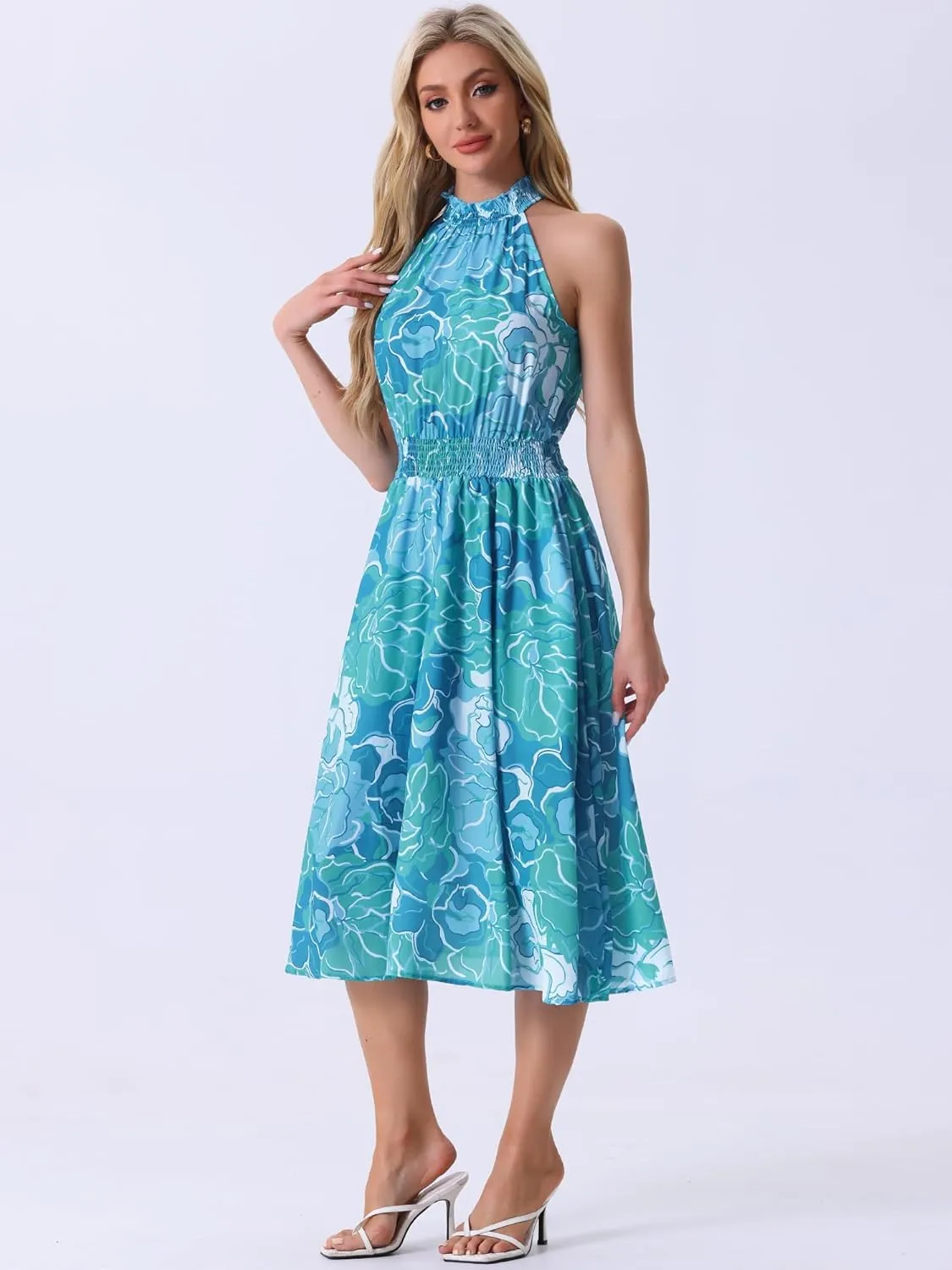 Allegra K Boho Summer Dress for Women's Halter Neck Sleeveless Casual Floral Print Sundress Midi Dresses