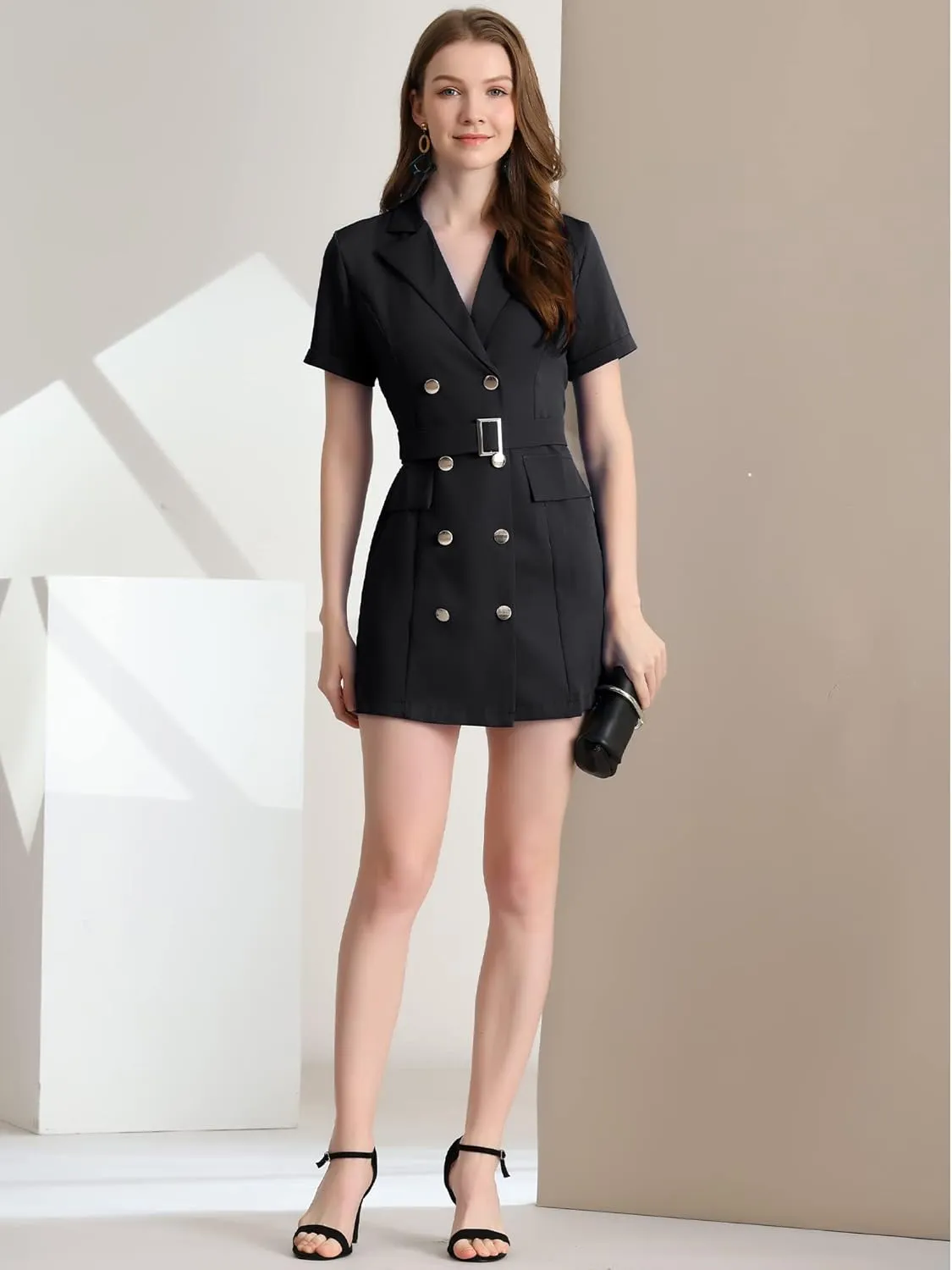 Allegra K Women's Notched Lapel Double Breasted Casual Work Office Belted Blazer Dress