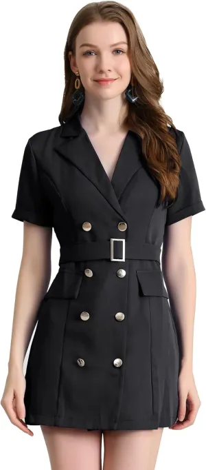 Allegra K Women's Notched Lapel Double Breasted Casual Work Office Belted Blazer Dress