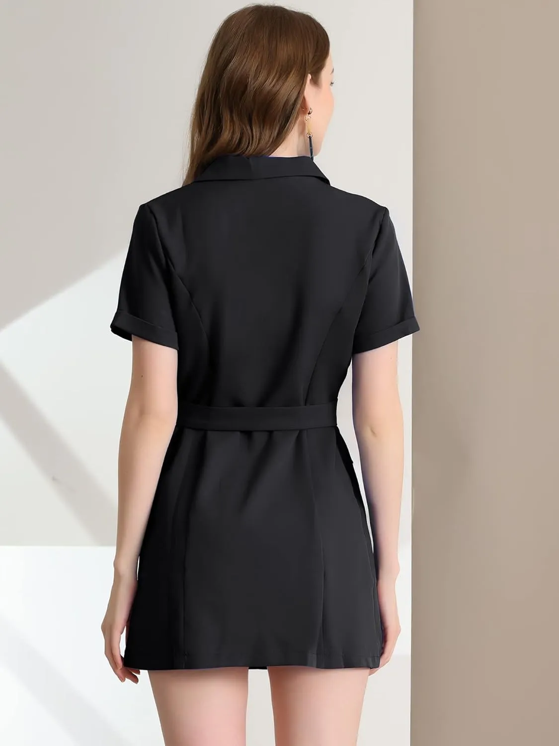 Allegra K Women's Notched Lapel Double Breasted Casual Work Office Belted Blazer Dress