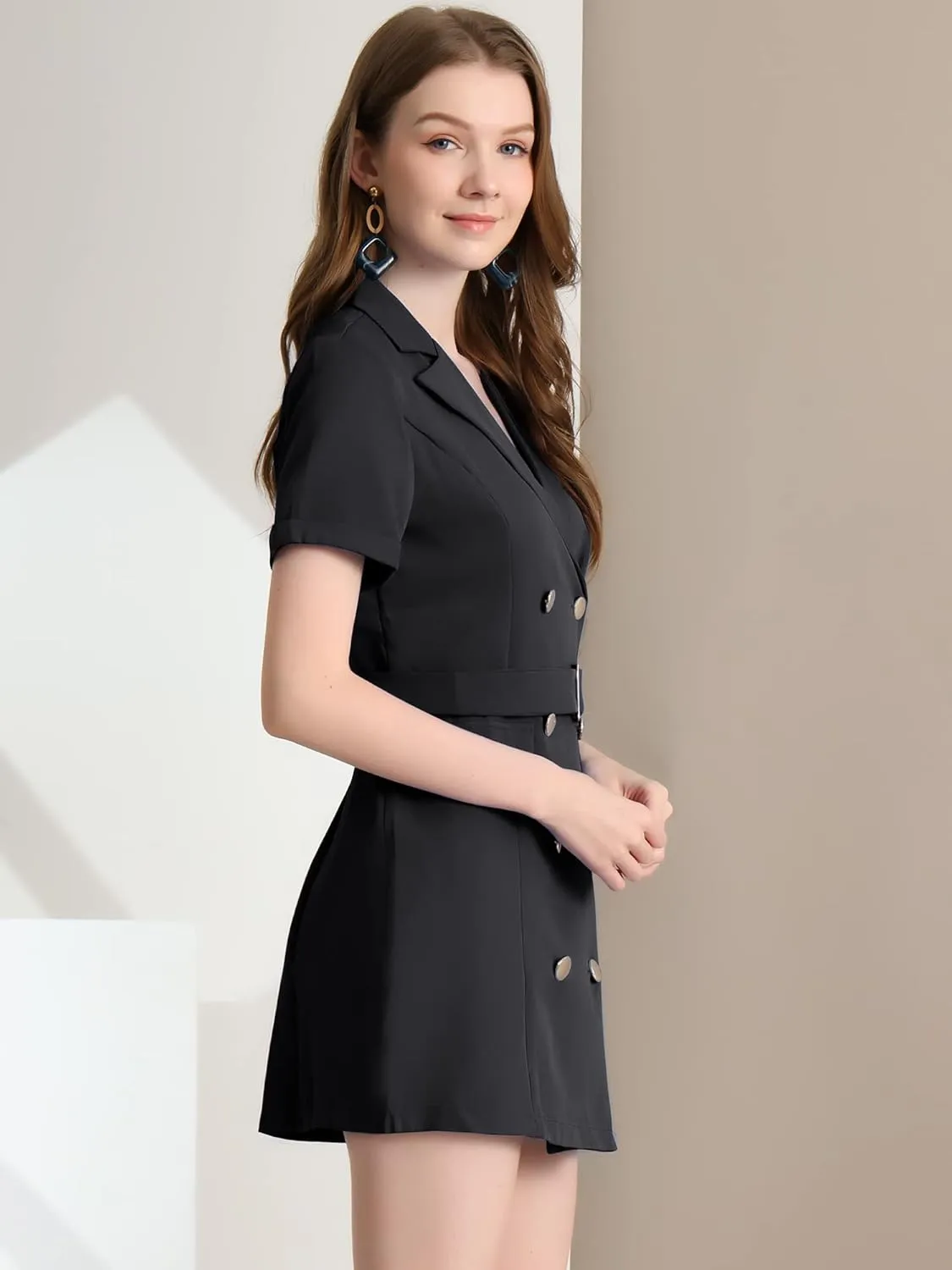 Allegra K Women's Notched Lapel Double Breasted Casual Work Office Belted Blazer Dress