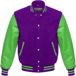 AMBER American Letterman Jacket Varsity Jacket School Jacket Baseball Jacket Black Wool & Green Leather Sleeves