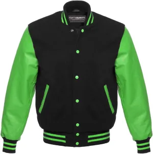 AMBER American Letterman Jacket Varsity Jacket School Jacket Baseball Jacket Black Wool & Green Leather Sleeves
